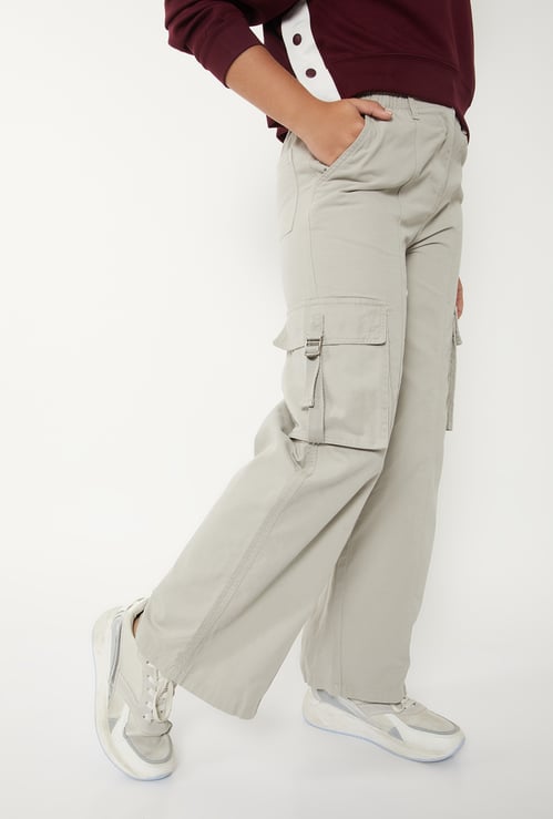 Girls Solid Wide Leg Cargo Trousers