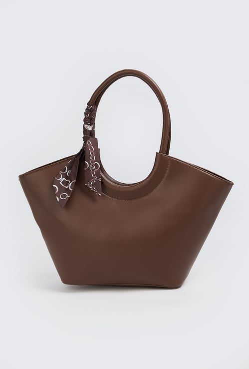 Women Solid Handheld Bag with Scarf Detail