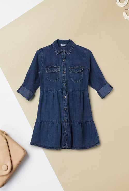 Girls Washed Tiered Denim Dress