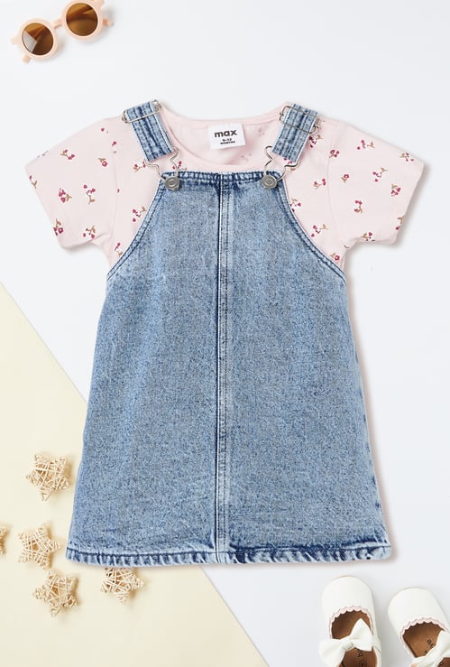 Girls Washed Denim Pinafore Dress with T-shirt
