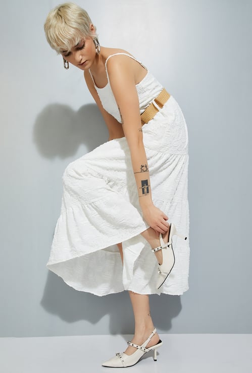 ALAYA F x URB_N Women Textured Tiered Maxi Dress with Belt