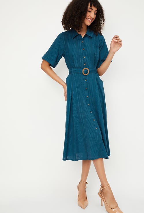 Women Textured Belted Shirt Dress