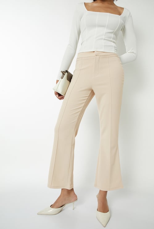 Women Textured Flared High Rise Trousers