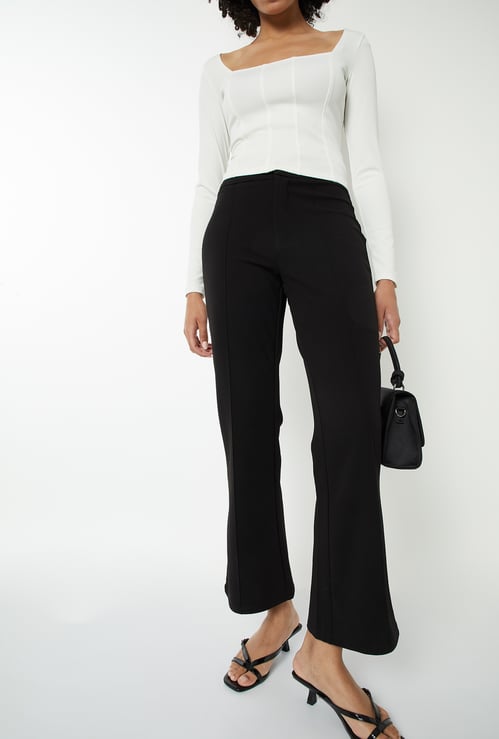 Women Textured Flared High Rise Trousers