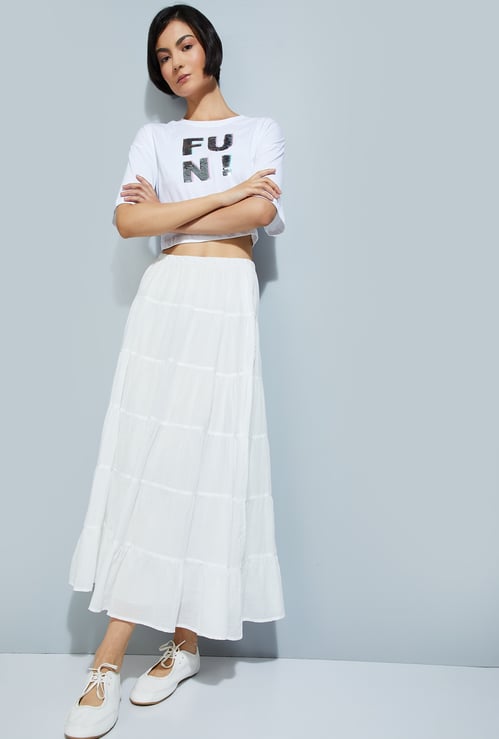 ALAYA F x URB_N Women Solid Tiered Long Skirt