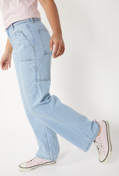 Girls Washed Slim Fit Wide Leg Jeans