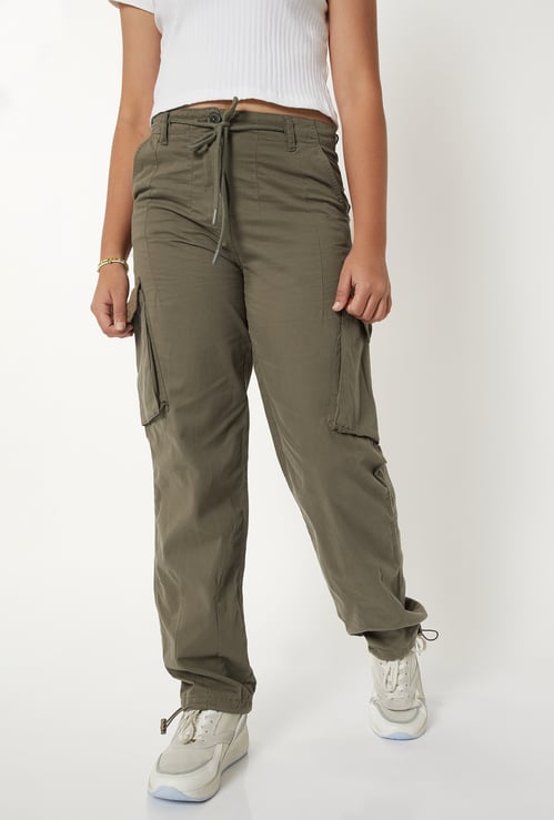 Girls Solid Relaxed Fit Parachute Cargo Trousers