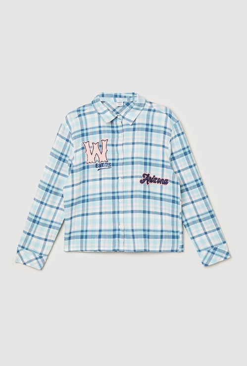 Girls Applique Checked Regular Fit Shirt