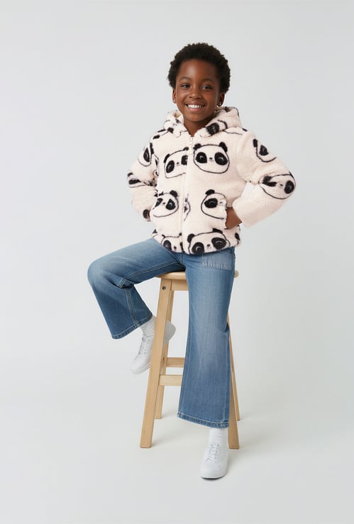 Girls Faux Fur Printed Hooded Jacket