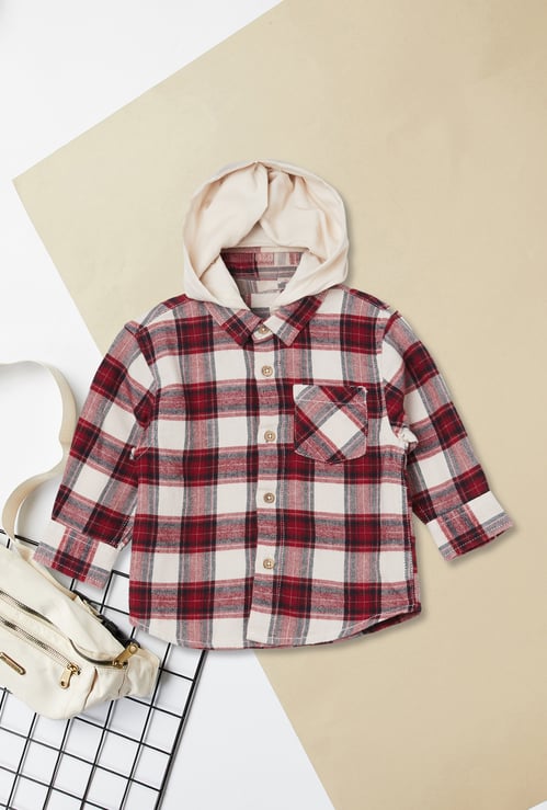 Boys Checked Hooded Shirt