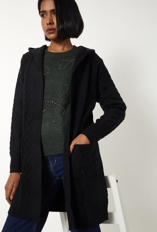 Women Knit Hooded Longline Cardigan