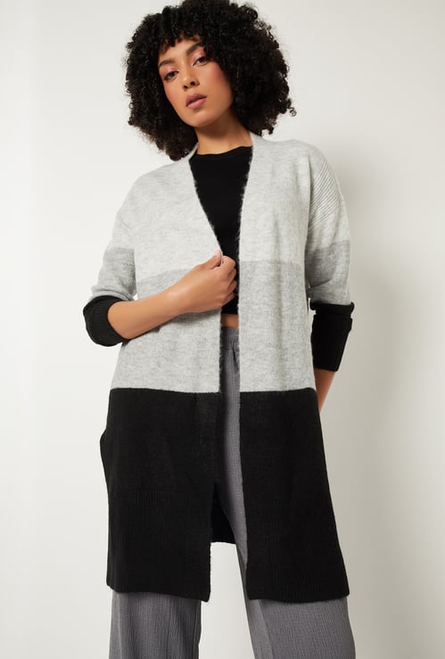 Women Knit Colourblock Longline Cardigan