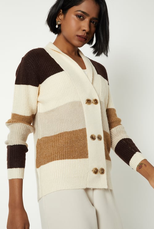 Women Knit Colourblock Cardigan