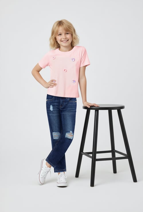 Girls Oversized Embellished Crop T-shirt