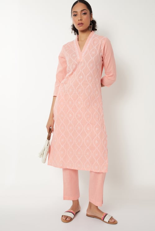 Women Embroidered Straight Kurta Set