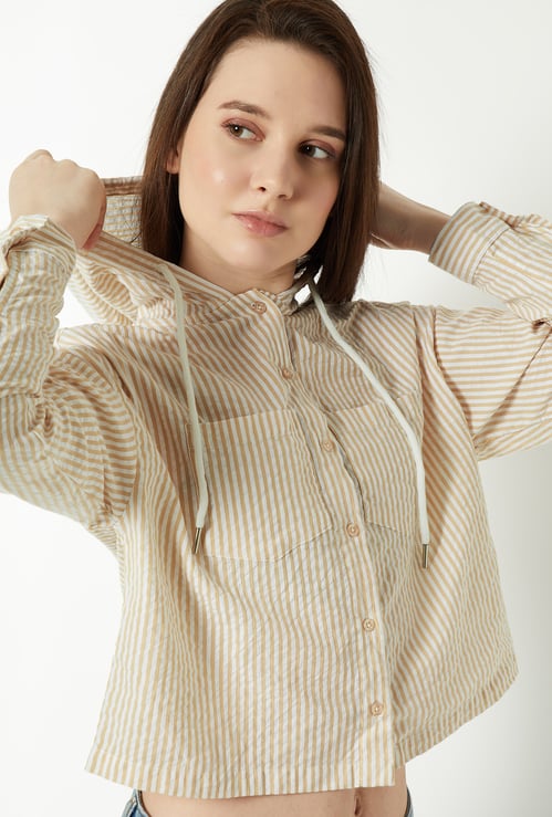 Women Striped Crop Shirt with Hood