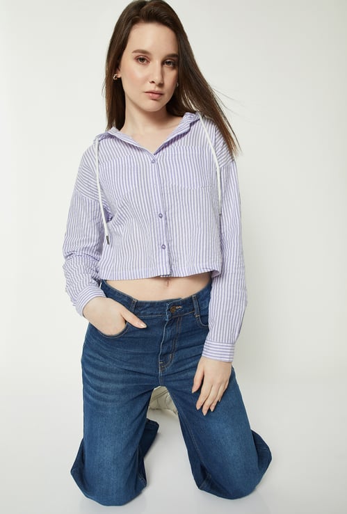 Women Striped Crop Shirt with Hood