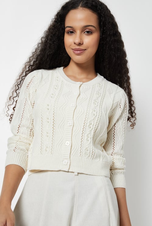 Women Jacquard Pearl Embellished Cardigan