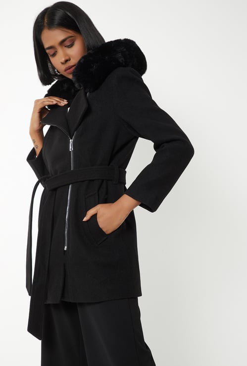 Women Fur Hood Longline Jacket
