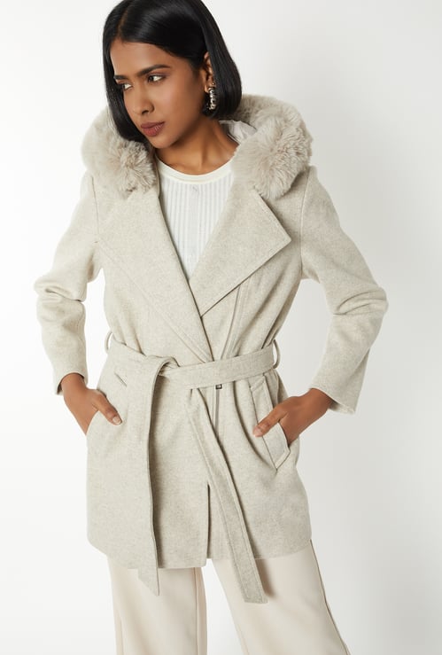 Women Fur Hood Longline Jacket