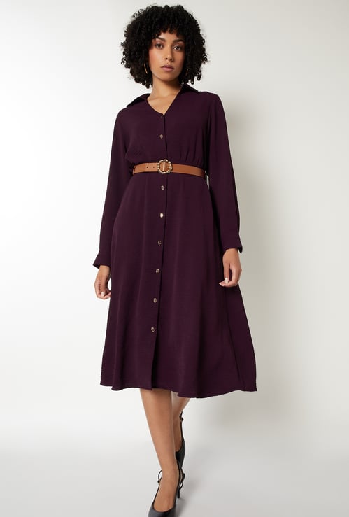 Women Textured Belted Shirt Dress