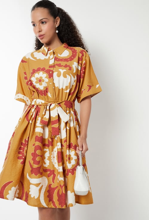 Women Printed A-line Belted Dress