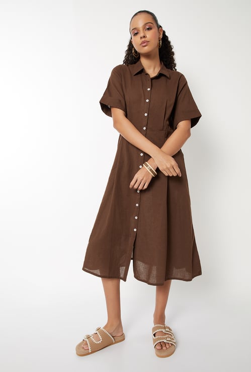 Women Solid Shirt Midi Dress