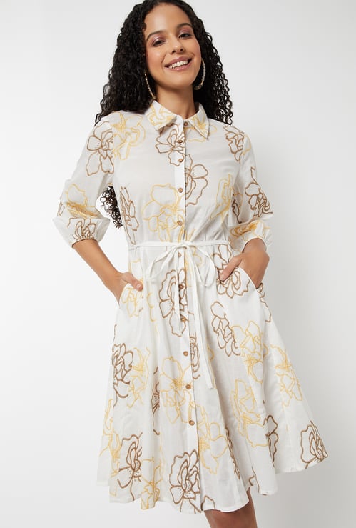 Women Embroidered A-line Shirt Dress