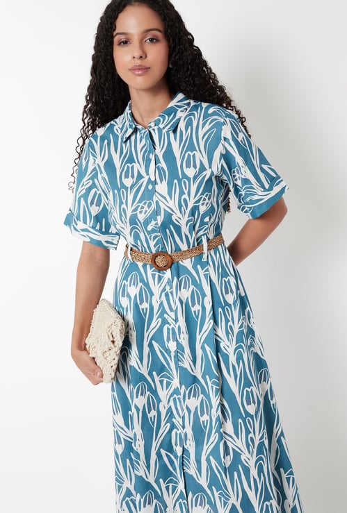 Women Printed Belted Shirt Dress