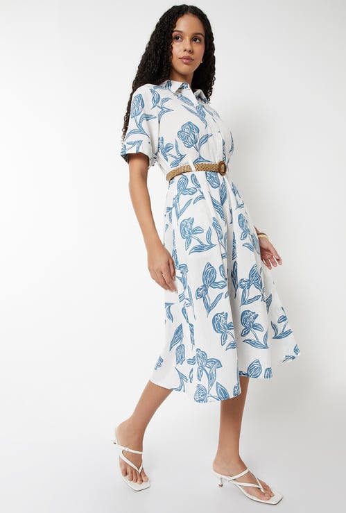 Women Printed Shirt Dress with Belt