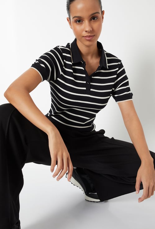 Women Striped Sports Polo T-shirt