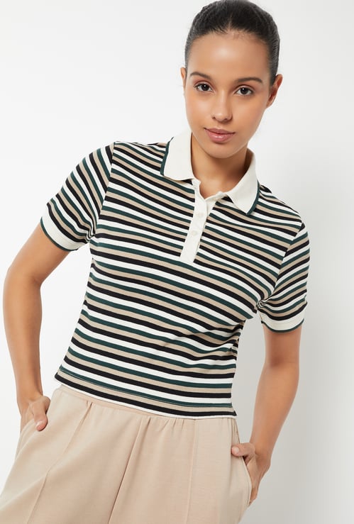 Women Striped Sports Polo T-shirt