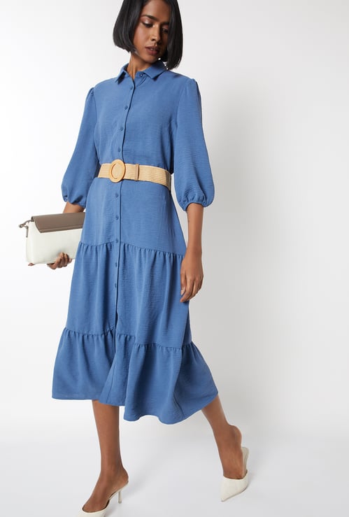 Women Textured Tiered Dress with Belt