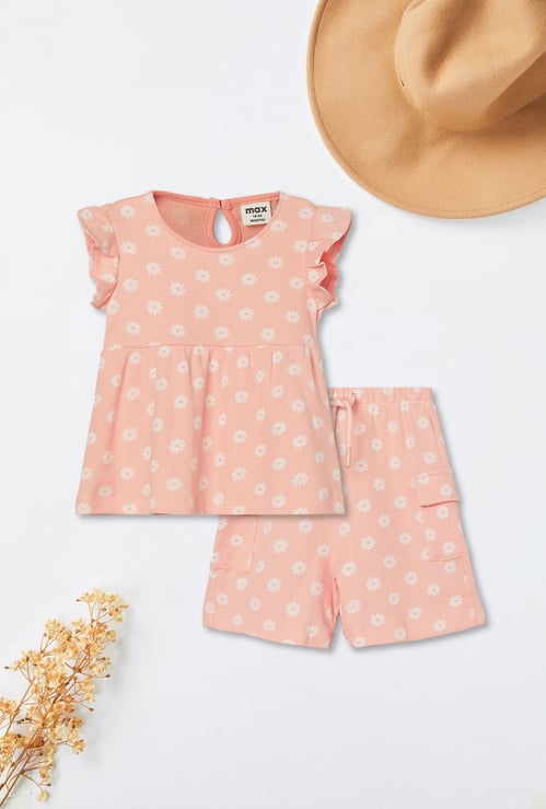 Girls Floral Print Shorts Set