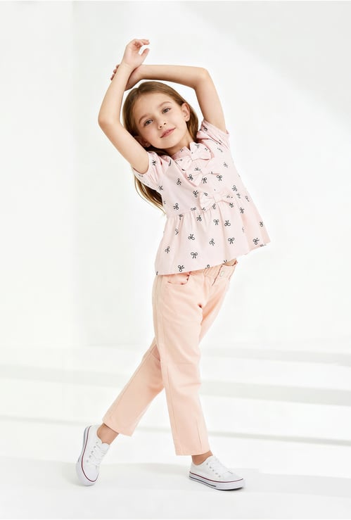 Girls Printed Bow Applique Top