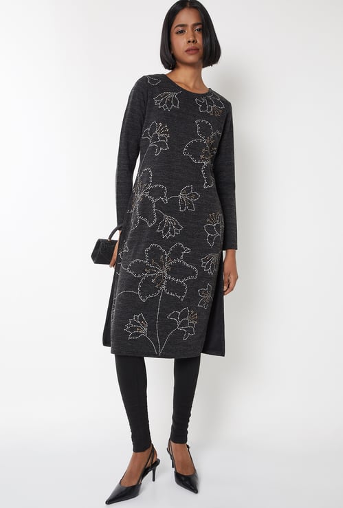 Women Floral Knit Straight Winter Kurta