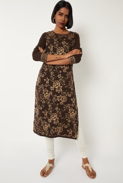 Women Floral Knit Straight Kurta
