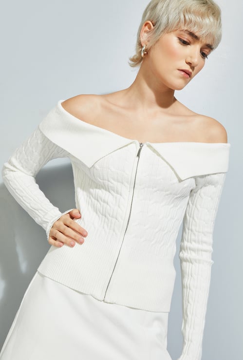 Women Knit Off Shoulder Jacket