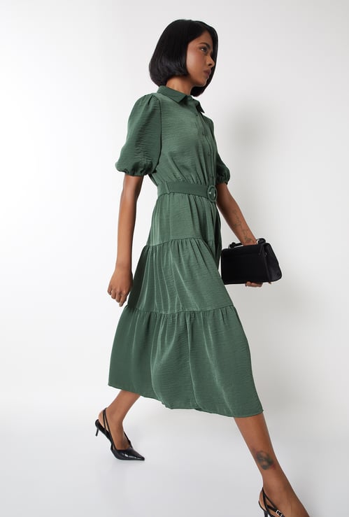 Women Textured Tiered Midi Dress