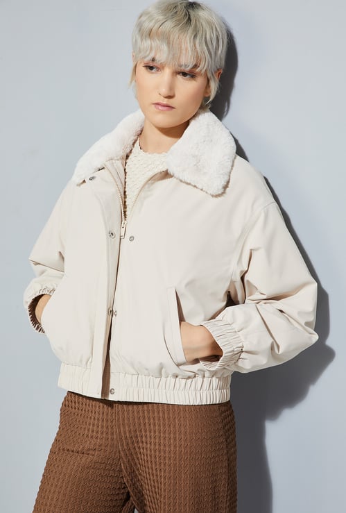 ALAYA F x URB_N Women Solid Fur Collar Jacket