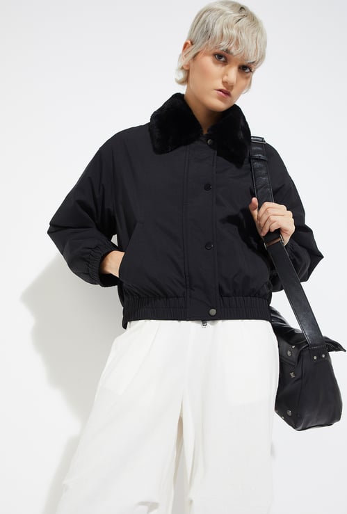 ALAYA F x URB_N Women Solid Fur Collar Jacket