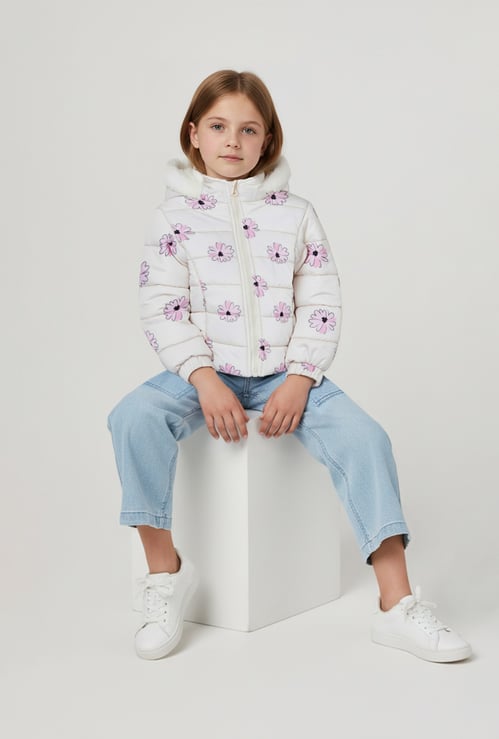 Girls Floral Print Hooded Padded Jacket