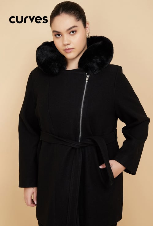 Women Fur Hood Longline Jacket