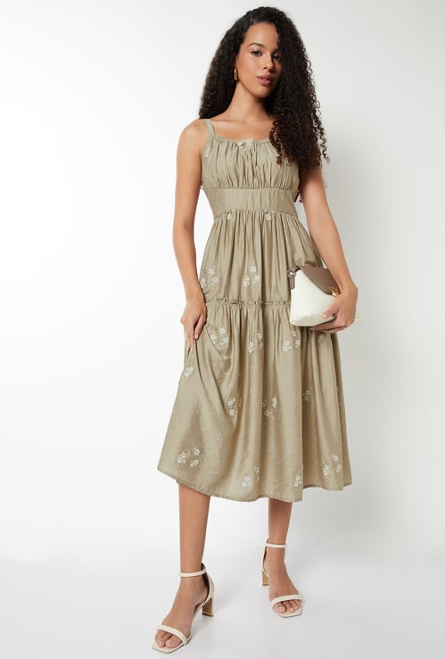 Women Floral Embroidered Tiered Midi Dress
