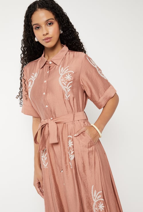 Women Embroidered A-line Shirt Dress