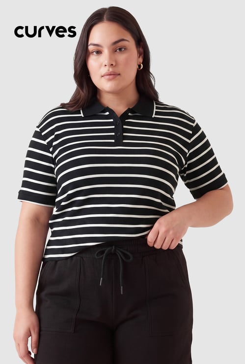 Women Striped Sports Polo T-shirt