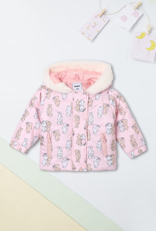 Girls Printed Jacket with a Fleece Hood