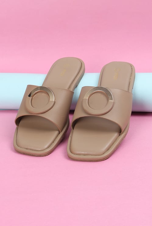 Women Solid Buckle Slide Flats