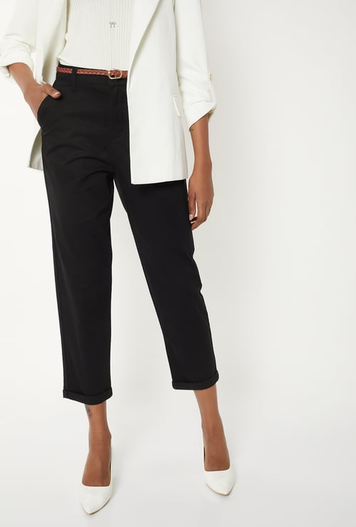 Women Solid Trousers with Braided Belt