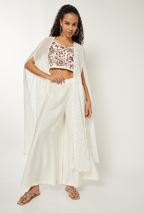 Women Embroidered Top with Palazzos and Shrug